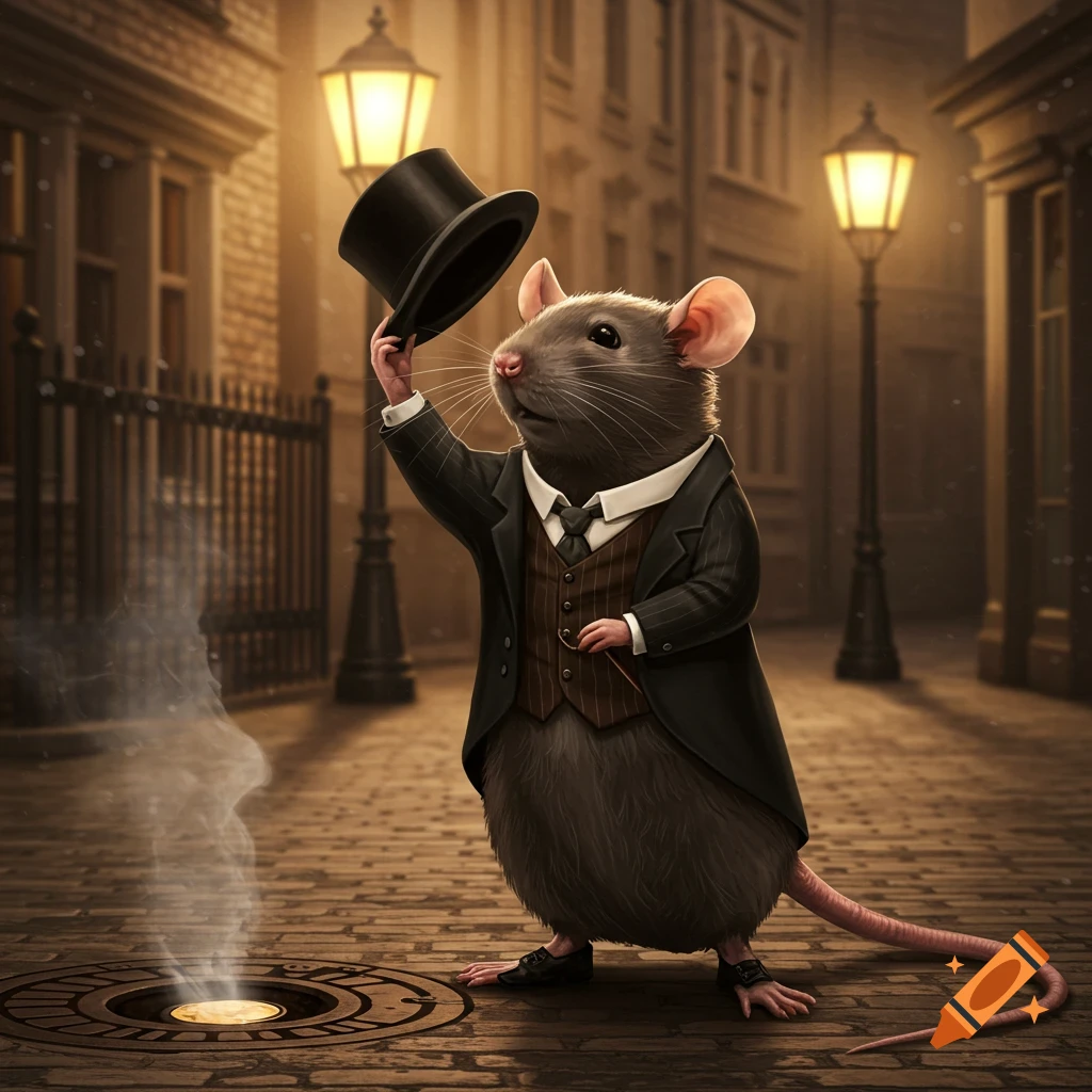 A dapper rat in a suit and top hat tipping its hat on a cobblestone street with street lamps and buildings.