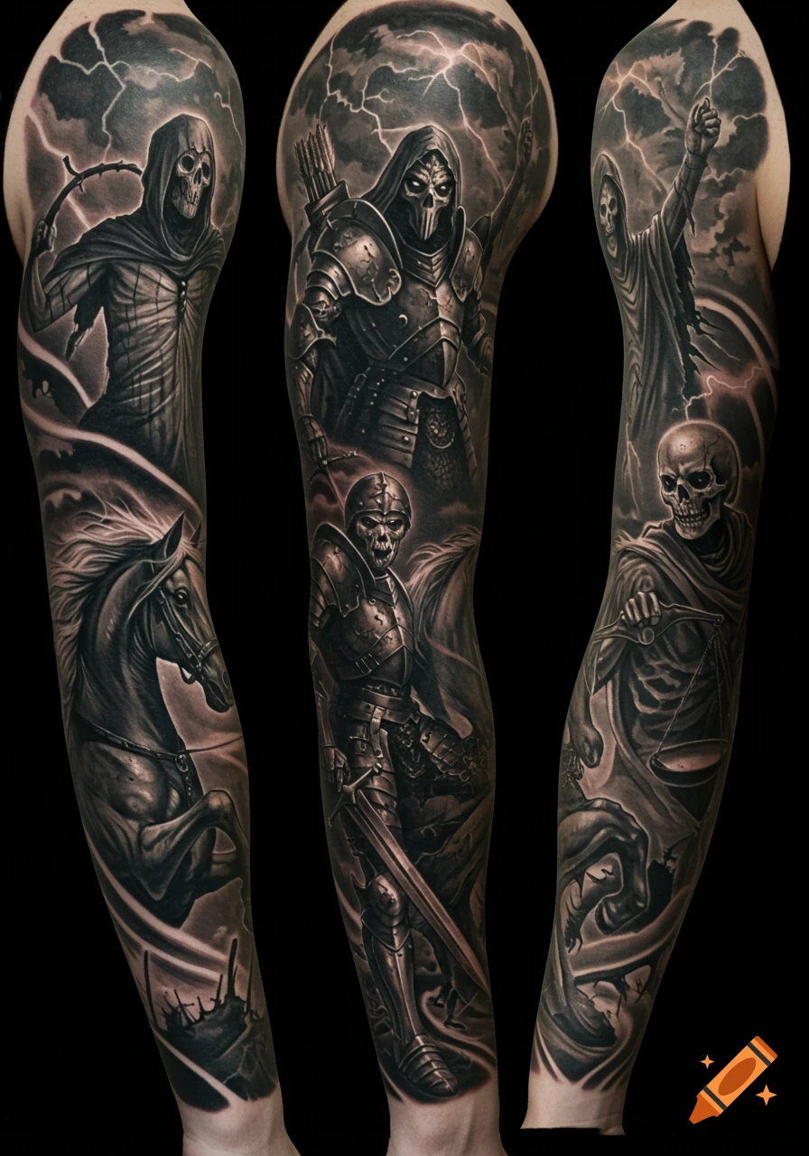 Detailed black and gray tattoo sleeve featuring skeletal figures, armored knights, a horse, and stormy skies in a dark fantasy style.