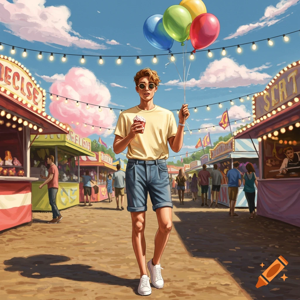 An illustrated image of a young man holding balloons and a cup, walking through a vibrant outdoor fair with food stalls and other people under a sunny sky.