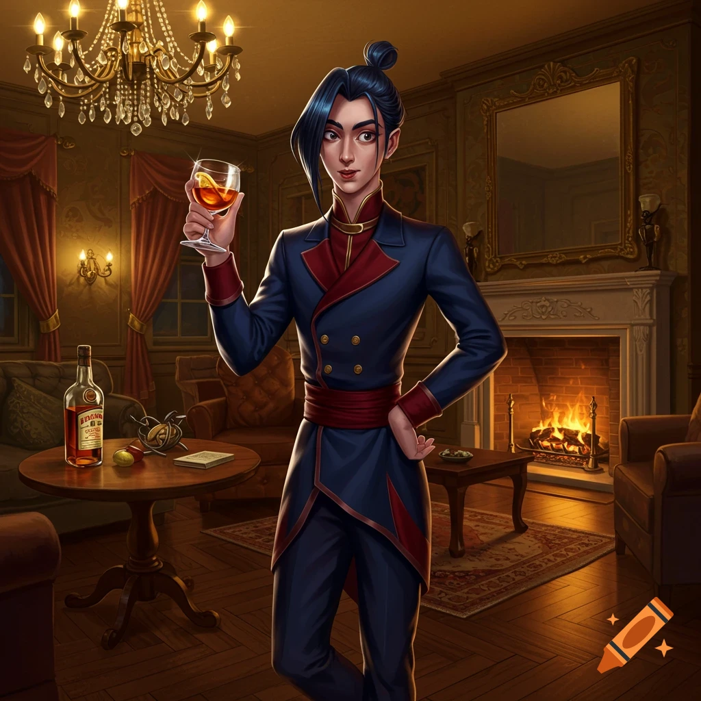 An elegant, stylized character with dark hair in a top bun, wearing a blue and red uniform, holds a glass of amber liquid in a luxurious, dimly lit room with a fireplace and chandelier.