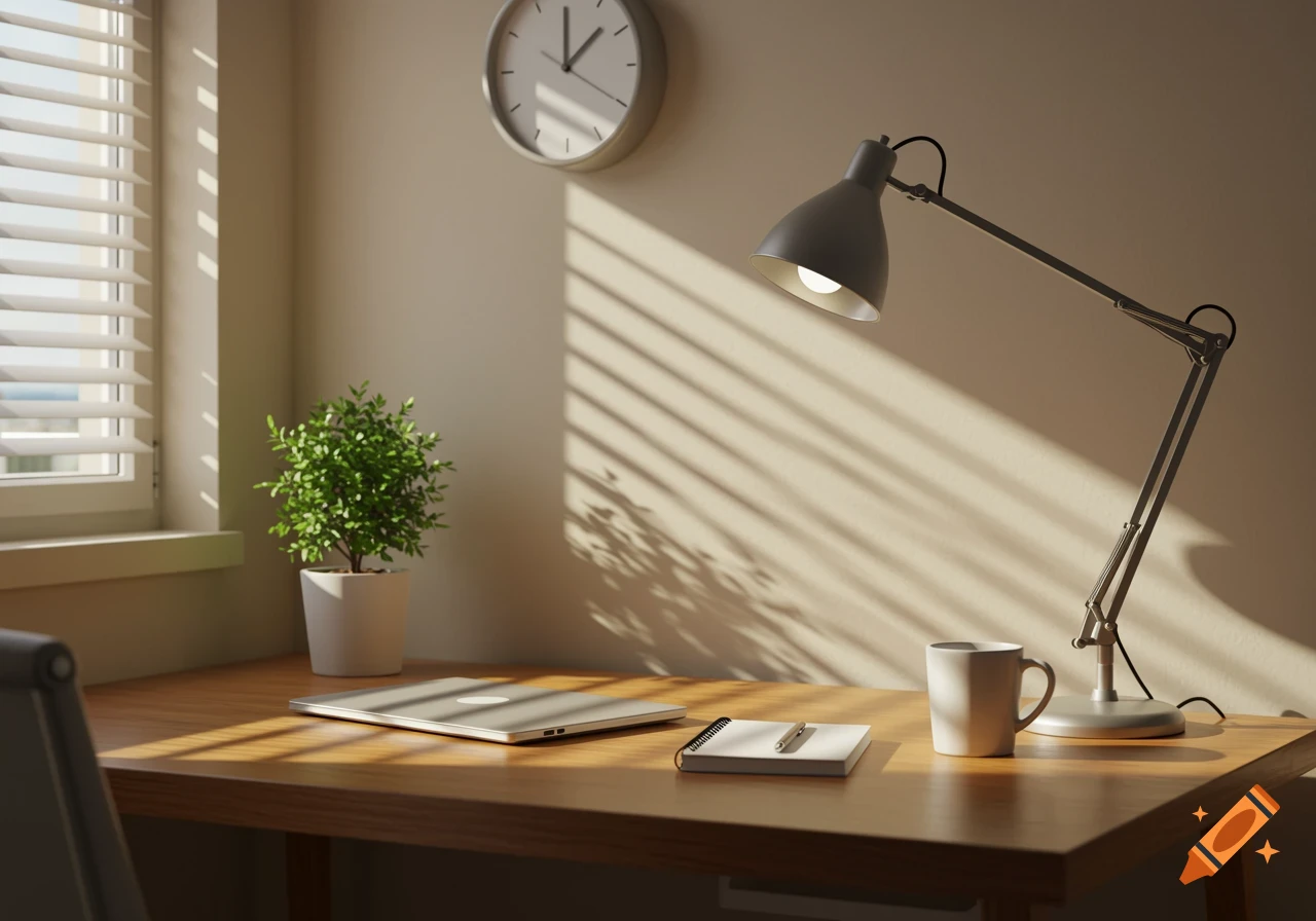 A sunlit, minimal office desk with a laptop, plant, coffee mug, and desk lamp next to a window and wall clock.
