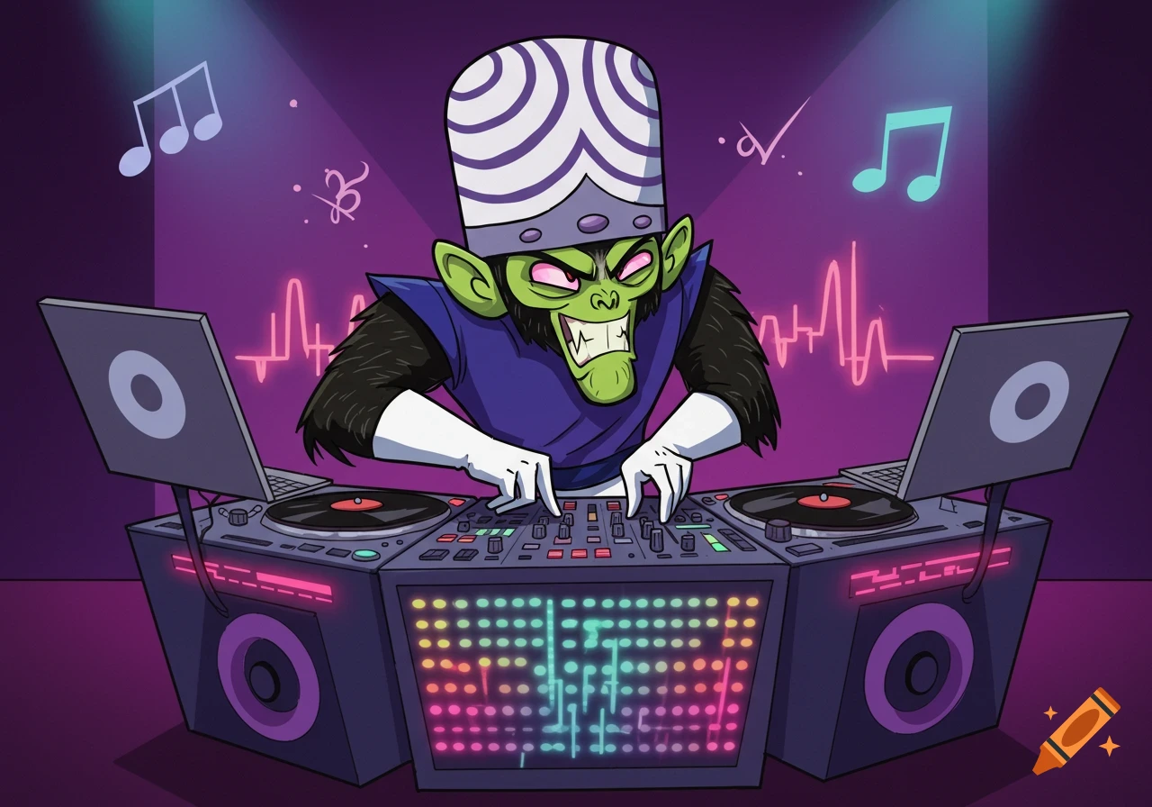 Mojo Jojo from Powerpuff Girls DJing at a booth with turntables and glowing lights in a vibrant cartoon style.