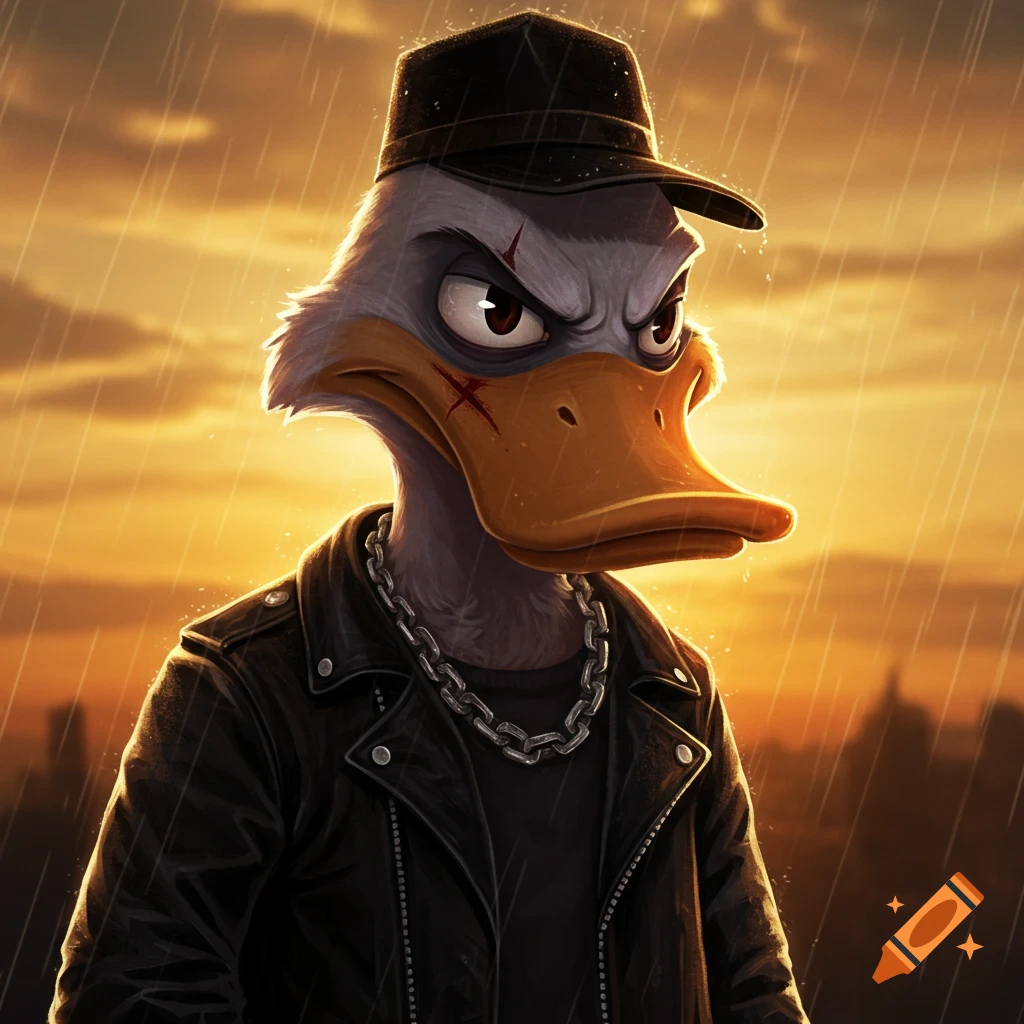 Angry cartoon duck in a leather jacket and hat, with a chain necklace and face scratches, standing in cinematic rain during sunset.