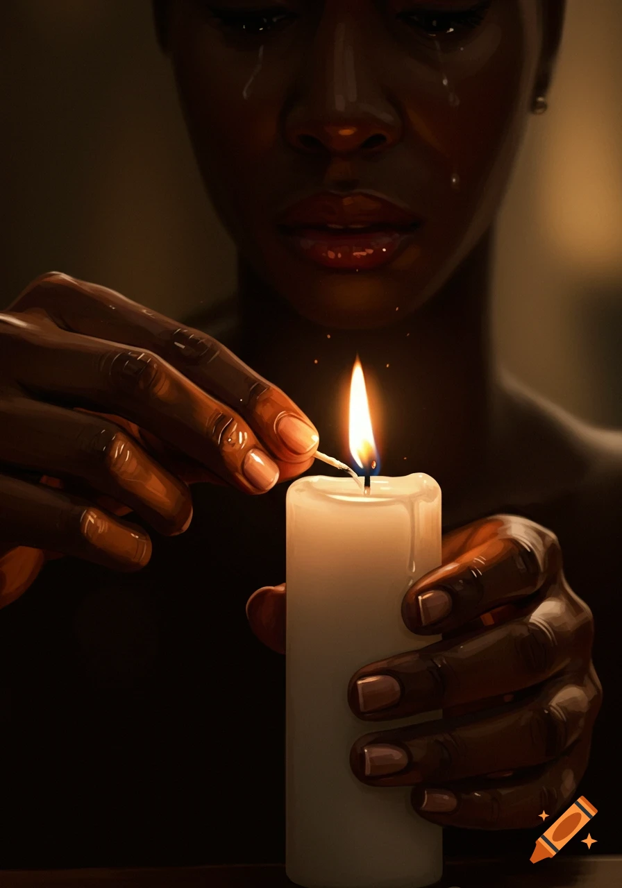 Close-up of a dark-skinned person with tears on their face lighting a white candle in a dark, emotional setting.