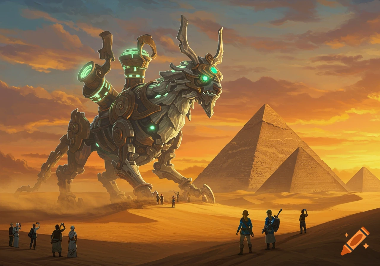 A giant mechanical Divine Beast from Zelda stands in a desert with pyramids at sunset, observed by tiny people.