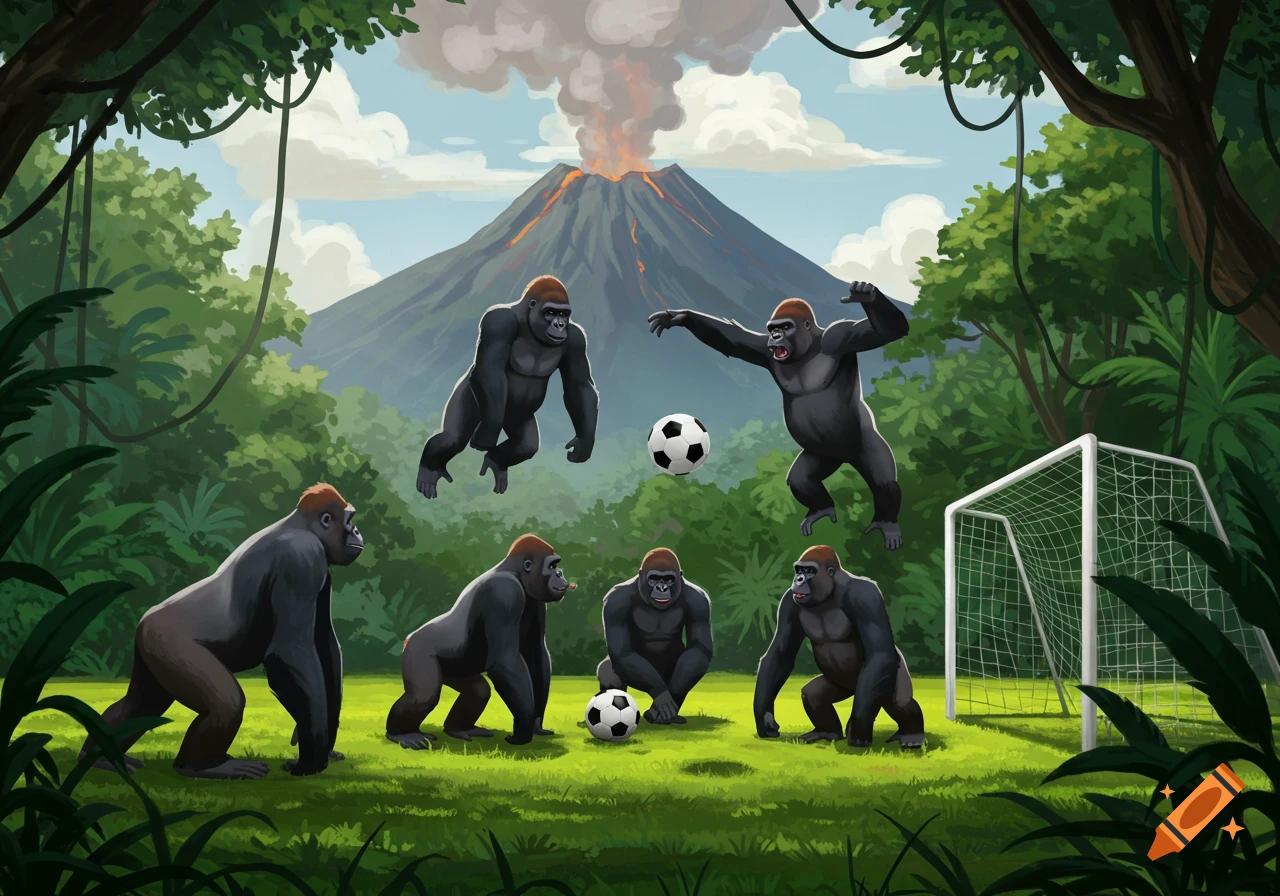 Illustrated scene of multiple gorillas playing soccer in a vibrant green jungle with a smoking volcano in the background.