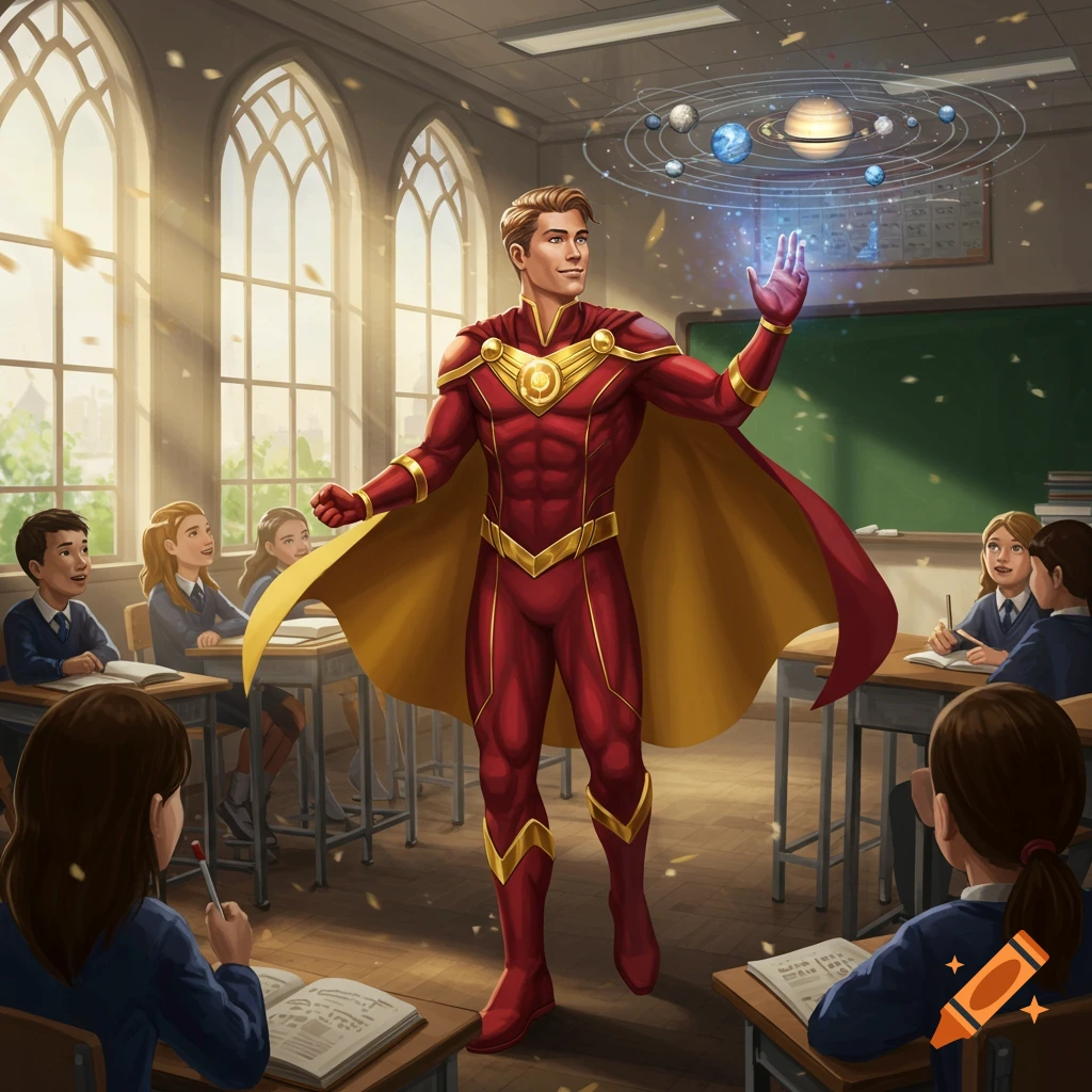 A muscular superhero in a red and gold suit and cape stands in a sunlit classroom, teaching a group of students. A glowing solar system model floats above his hand.