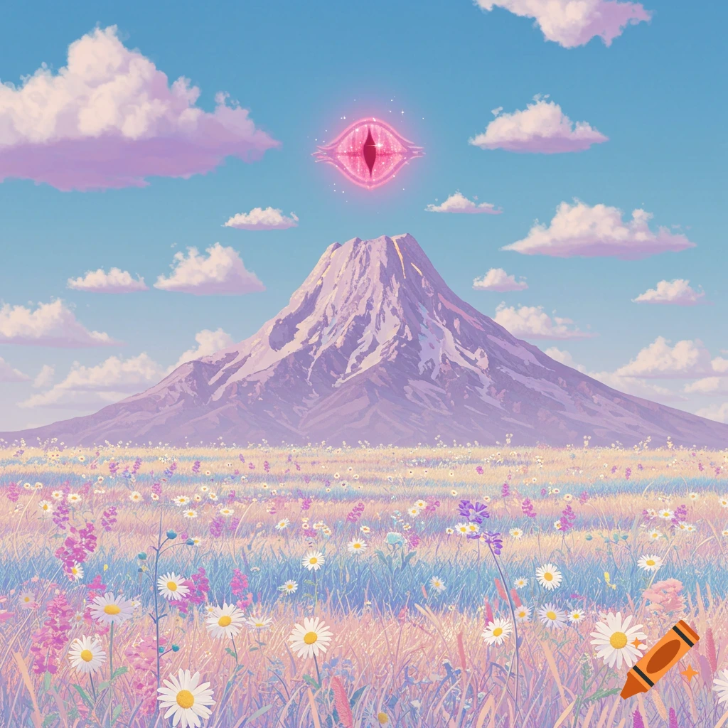 Pastel fantasy landscape with a purple mountain and a glowing red eye in the sky, over a field of colorful wildflowers.
