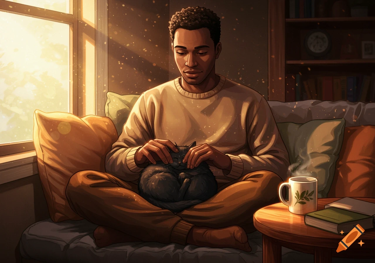 Digital art of a man with dark skin sitting on a couch, petting a black cat in his lap, with warm sunlight streaming through a window.