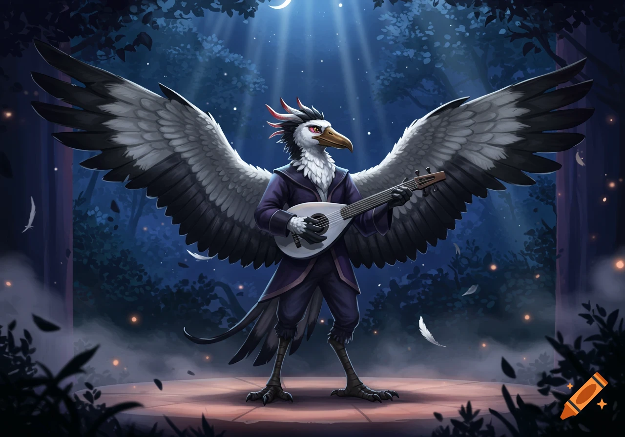 Aarakocra bard, a bird-like creature with large wings, plays a lute on a moonlit stage in a forest. Stylized illustration.