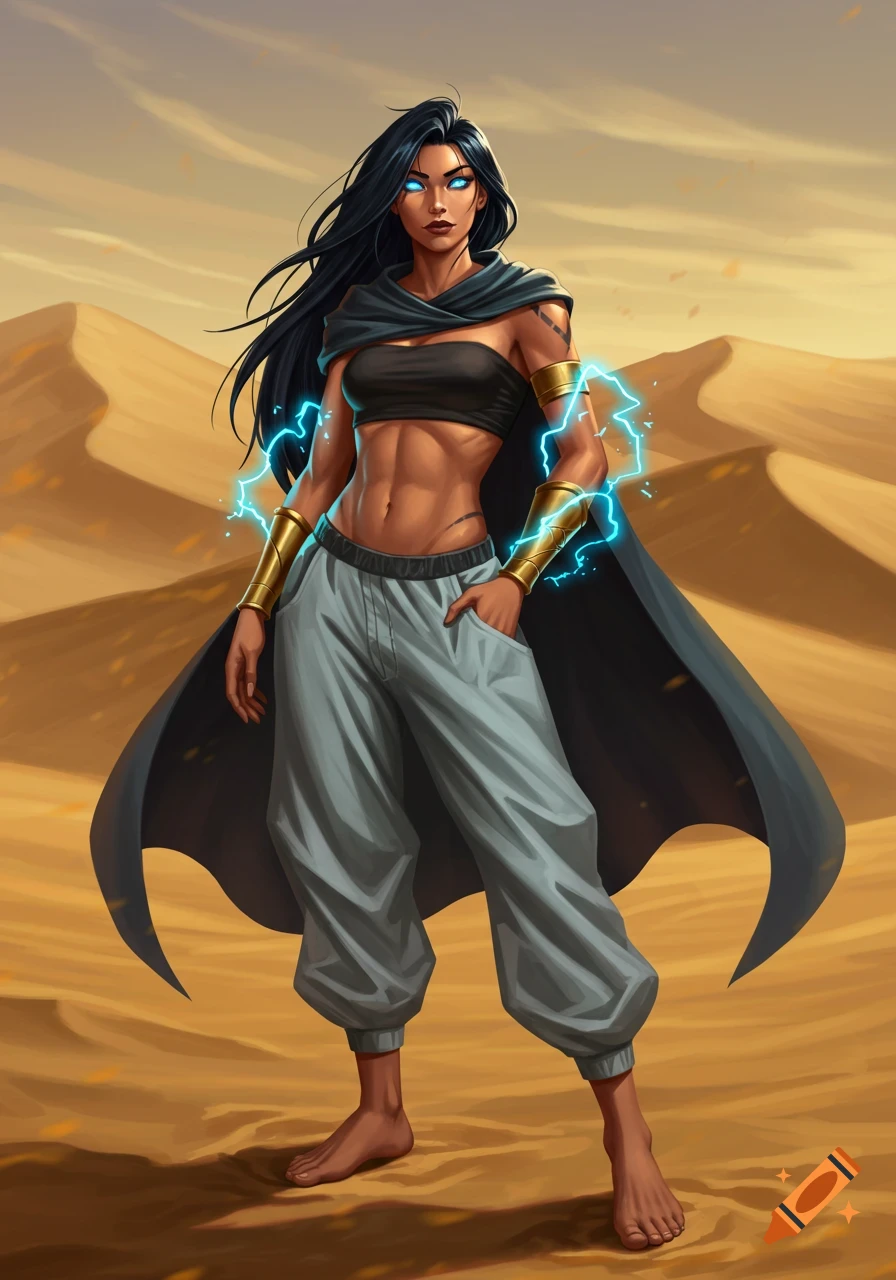 Dark-haired woman with blue eyes and lightning, wearing a tube top, baggy pants, and cloak, stands in a desert.