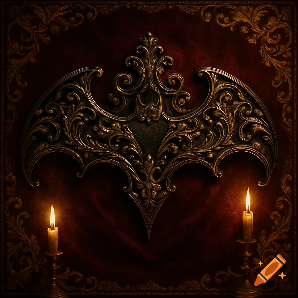 Ornate golden bat symbol on a deep red velvet background, flanked by two lit candles, in a gothic Victorian style.