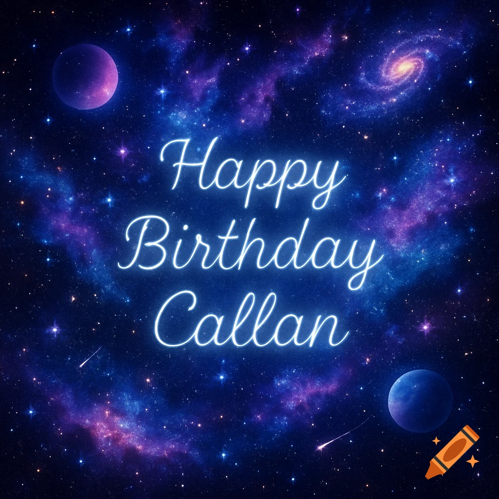 Neon blue Happy Birthday Callan text in a vibrant cosmic scene with planets, stars, and colorful nebulae.