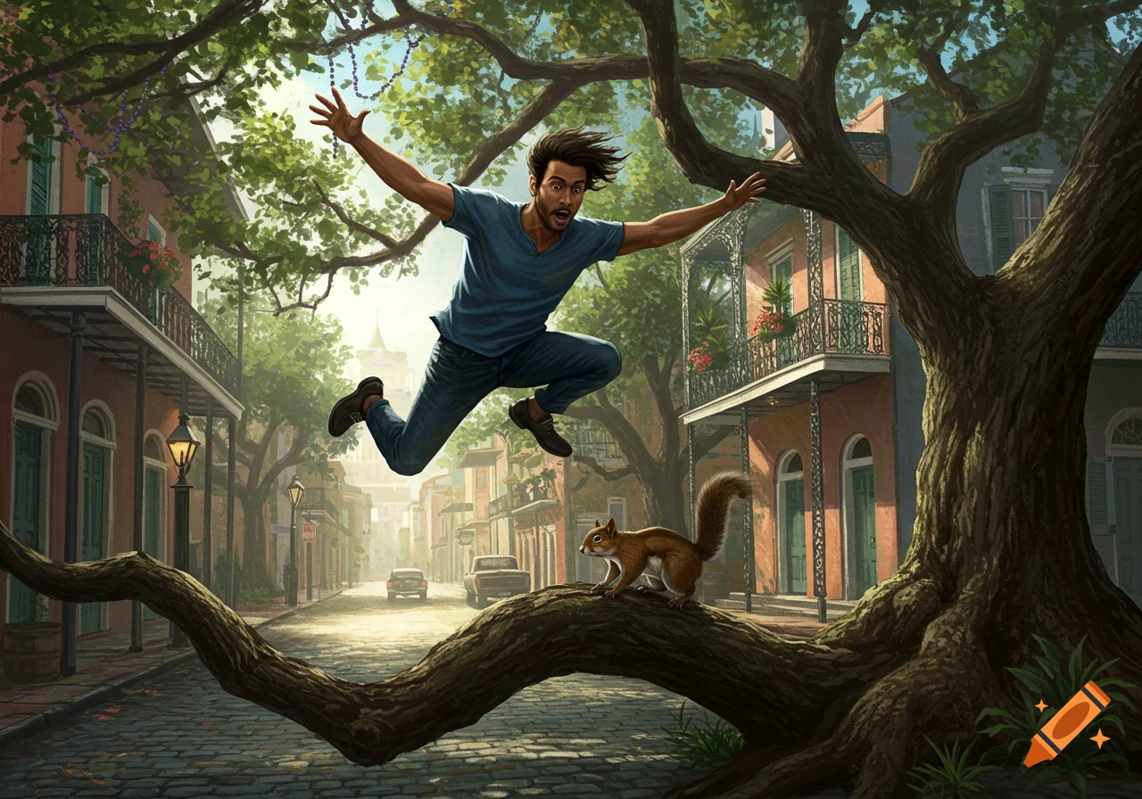 An adult man with a surprised expression falls through the air, arms wide, near a large tree branch where a squirrel stands, on a cobblestone street in a city with old buildings.