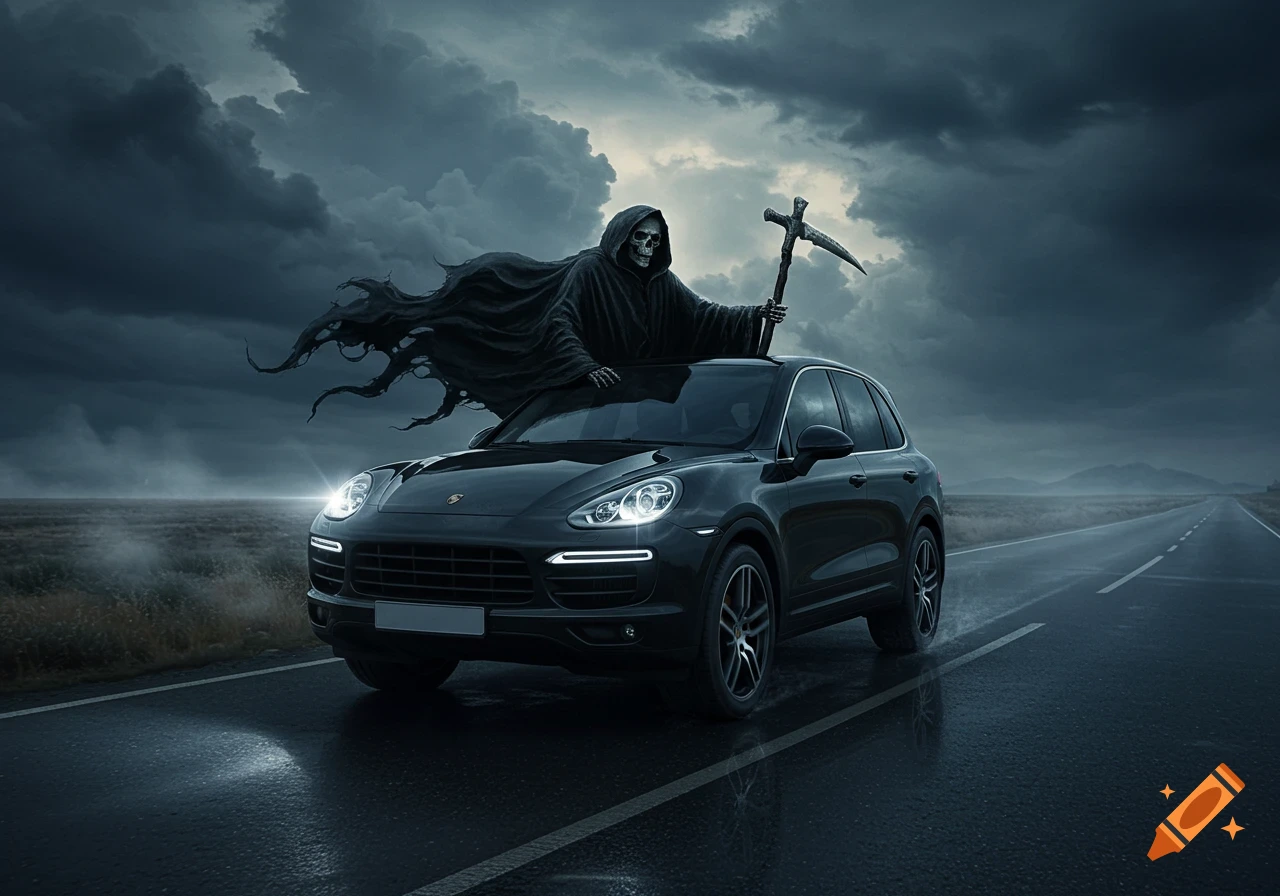 A menacing Grim Reaper emerging from the sunroof of a black Porsche Cayenne on a desolate, wet road under a stormy sky.
