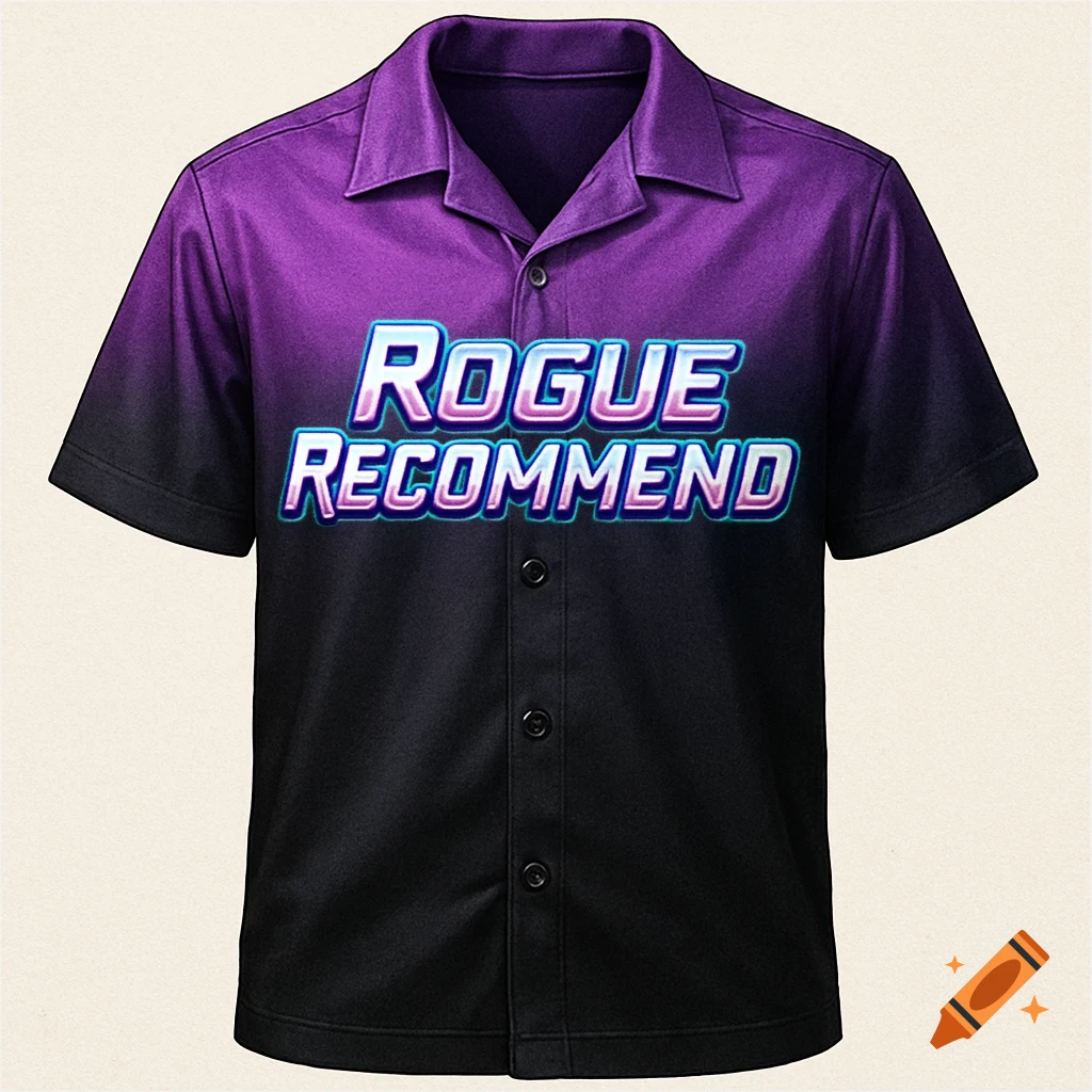 A purple and black ombre short-sleeve button-up shirt with 'ROGUE RECOMMEND' in a video game font on the chest.