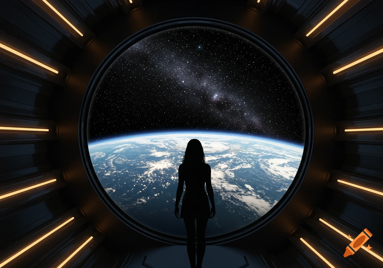 A silhouette of a woman looking out a circular spaceship window at Earth and a starry galaxy.