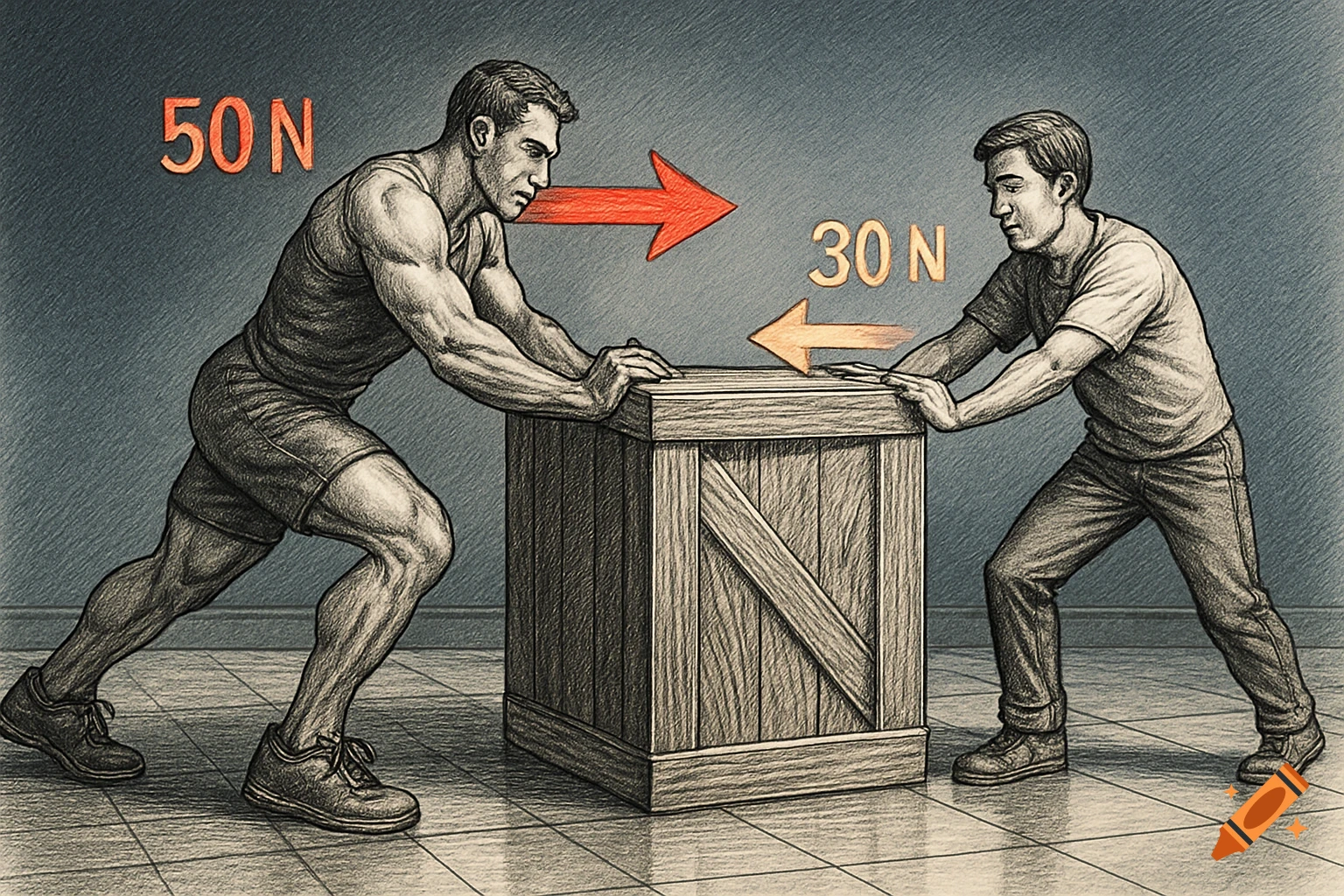 Pencil sketch diagram of two men pushing a wooden box: one applies 50 N to the right, the other 30 N to the left.