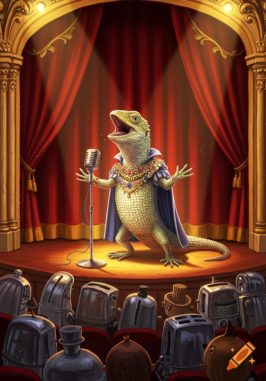 A lizard in royal attire sings on stage to an audience of toasters.
