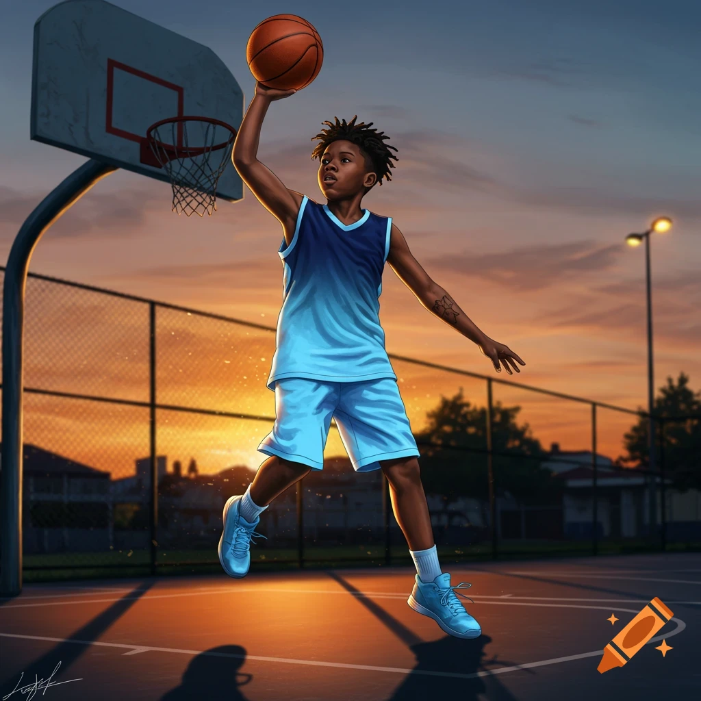 A young boy in a blue ombre uniform jumps to shoot a basketball on an outdoor court at sunset.