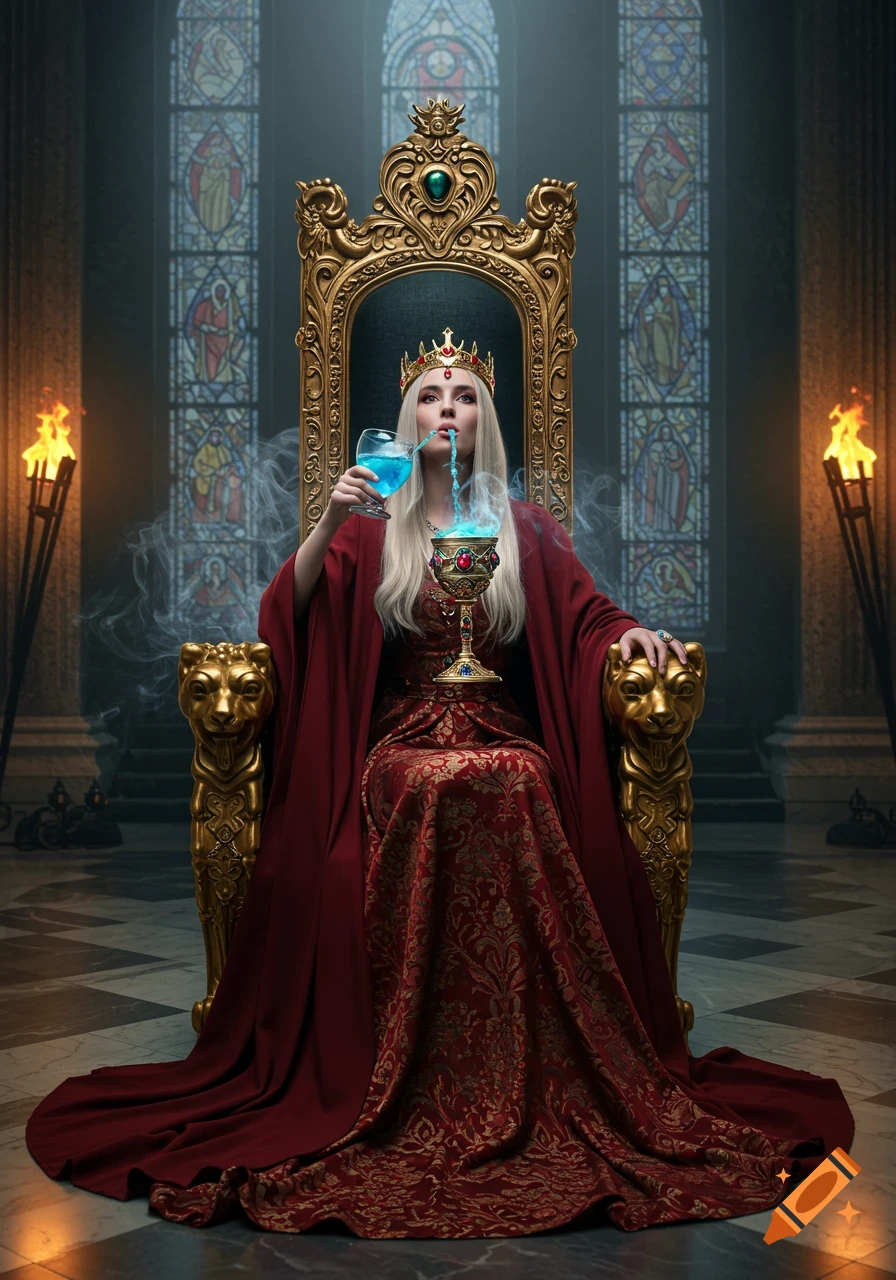 A queen in a red gown sits on a golden throne, drinking glowing blue liquid from a glass in a grand hall.