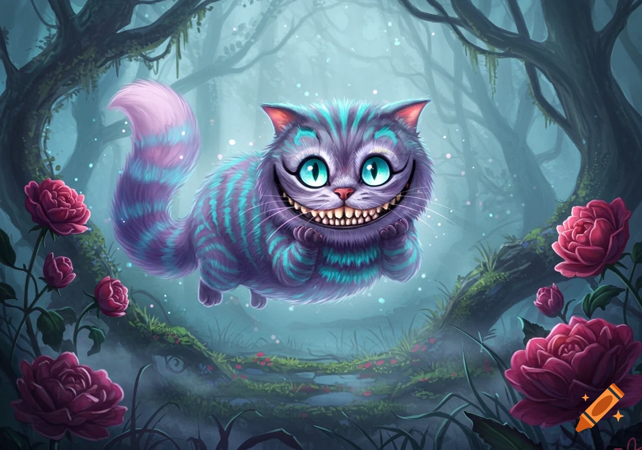 A purple and blue striped Cheshire Cat with a wide grin and bright blue eyes floats in a mystical forest with pink roses, stylized digital illustration.