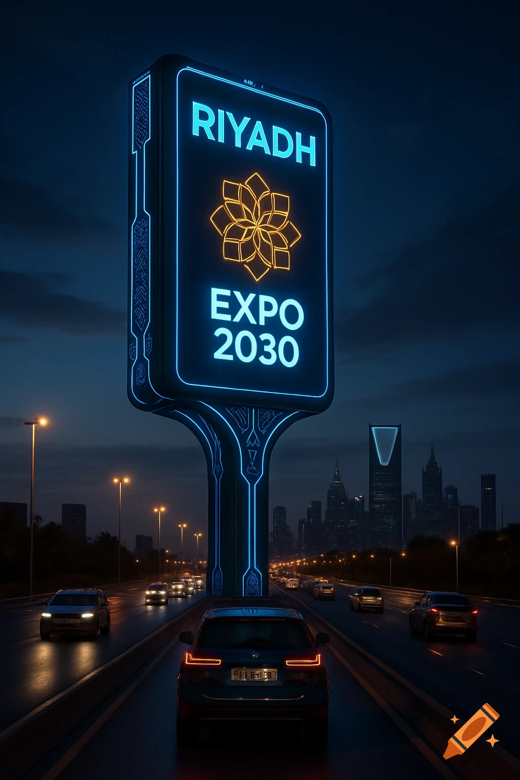 A large, neon-lit 'RIYADH EXPO 2030' billboard stands over a multi-lane highway at dusk, with cars and a modern cityscape in the background.