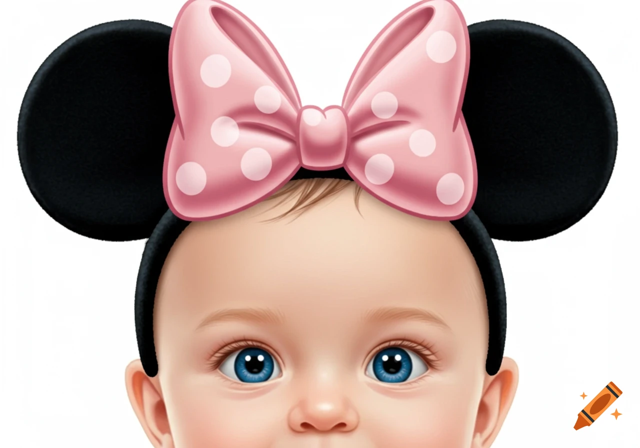 Close-up of a baby wearing a Minnie Mouse headband with black ears and a pink polka-dotted bow.