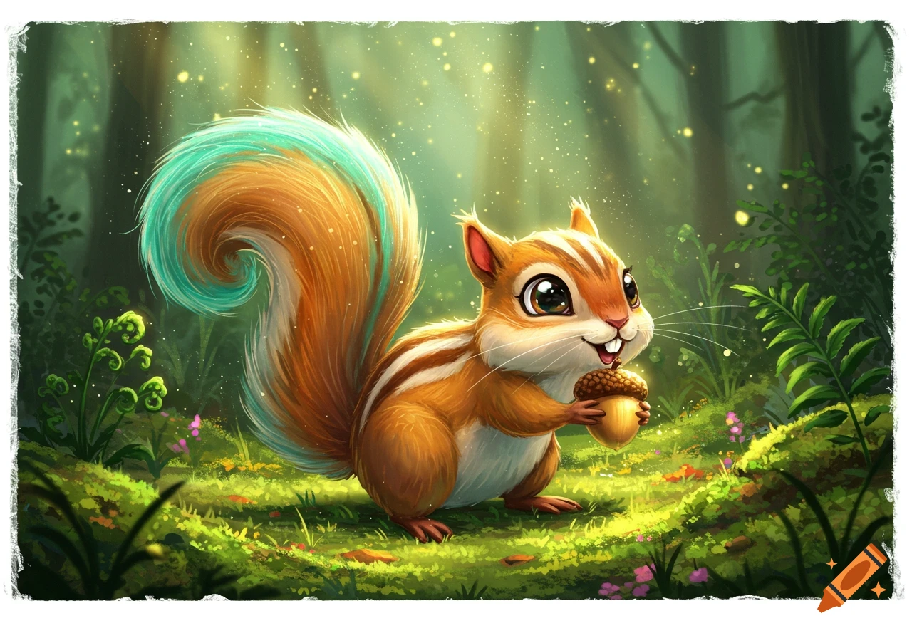 A cute, cartoon chipmunk with a turquoise-tipped tail holds an acorn in a magical, glowing forest.