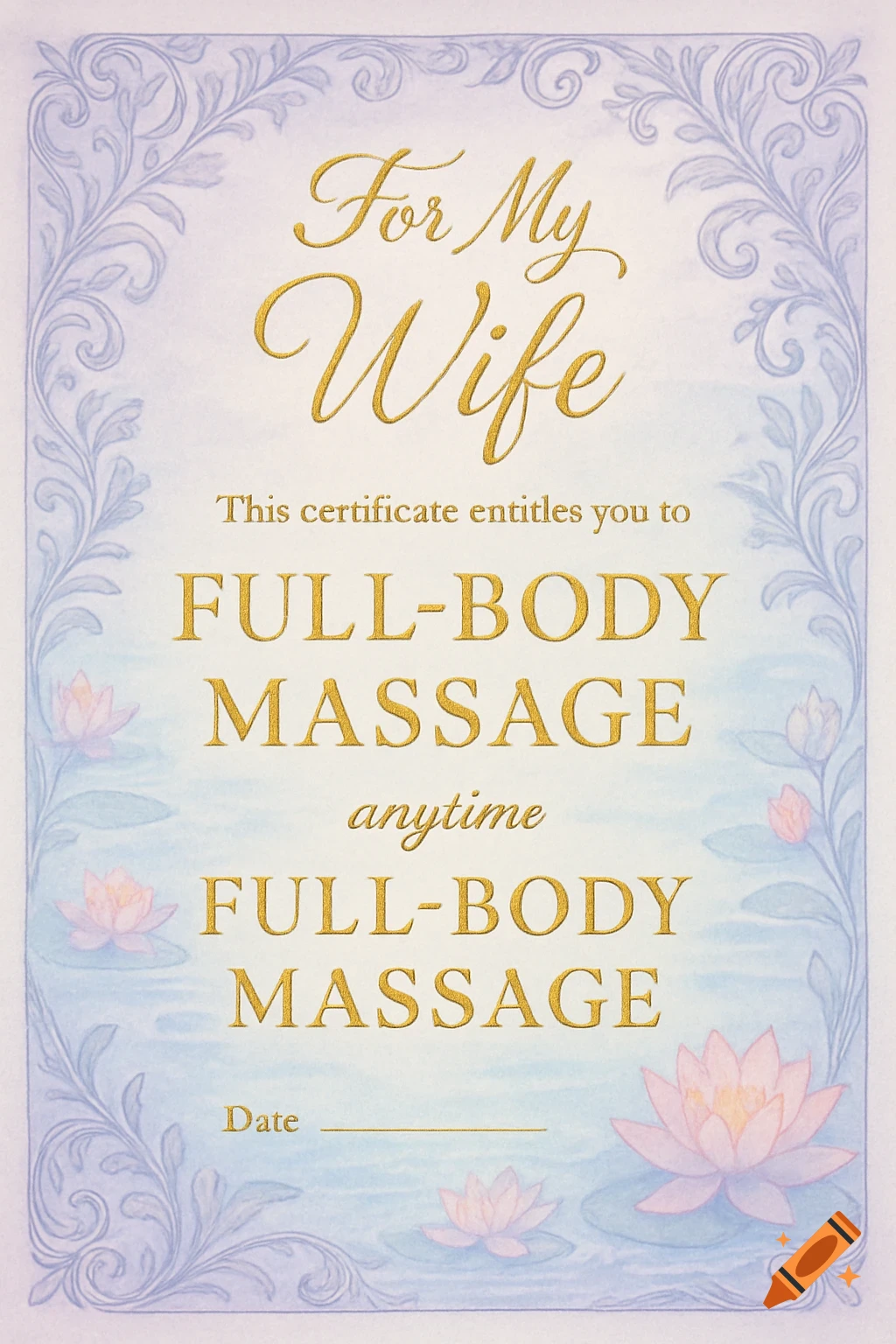 A decorative gold and blue gift certificate for a full-body massage, with water lilies and a floral border.