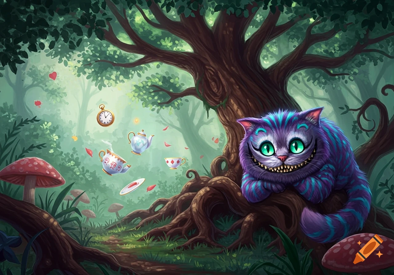 A grinning, purple and blue striped Cheshire Cat rests on a tree root in a misty, enchanted forest with floating teacups and mushrooms.