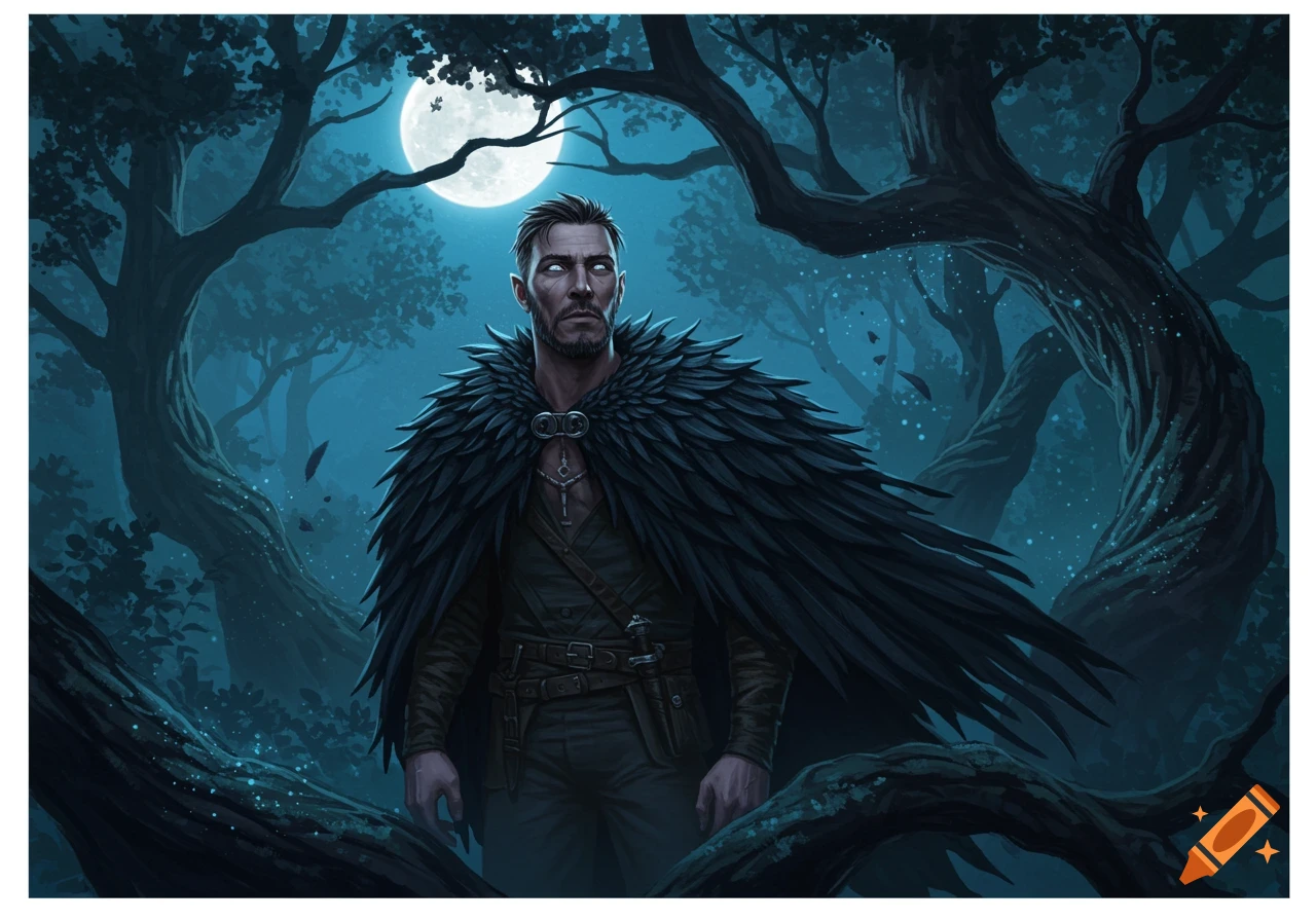 A fantasy illustration of a man with white eyes wearing a feathered cloak in a dark, moonlit forest.