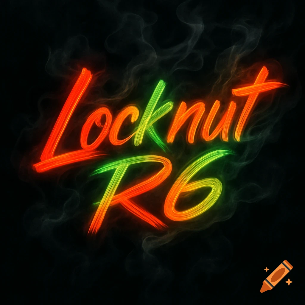 Neon glowing text 'Locknut R6' in red, green, and yellow with a smoky black background.