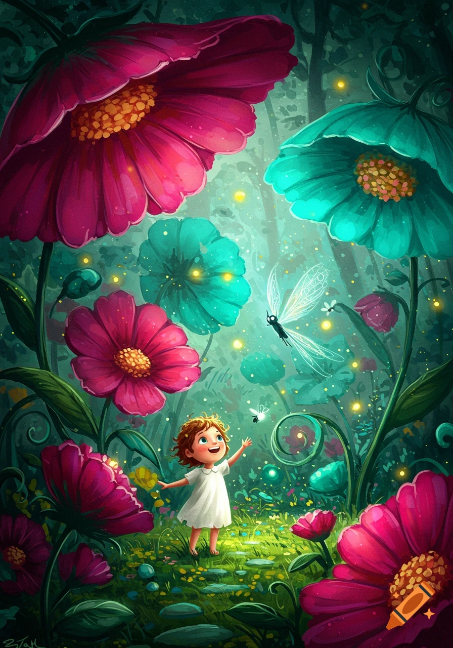 A whimsical illustration of a small child reaching for glowing insects in a vibrant, enchanted forest with giant pink and teal flowers.