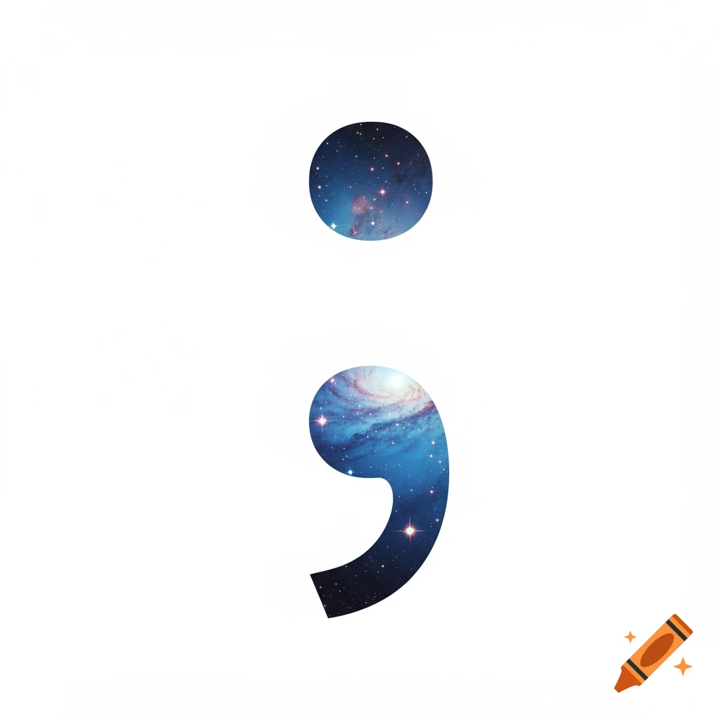 A semicolon filled with a vibrant blue galaxy and stars on a white background.