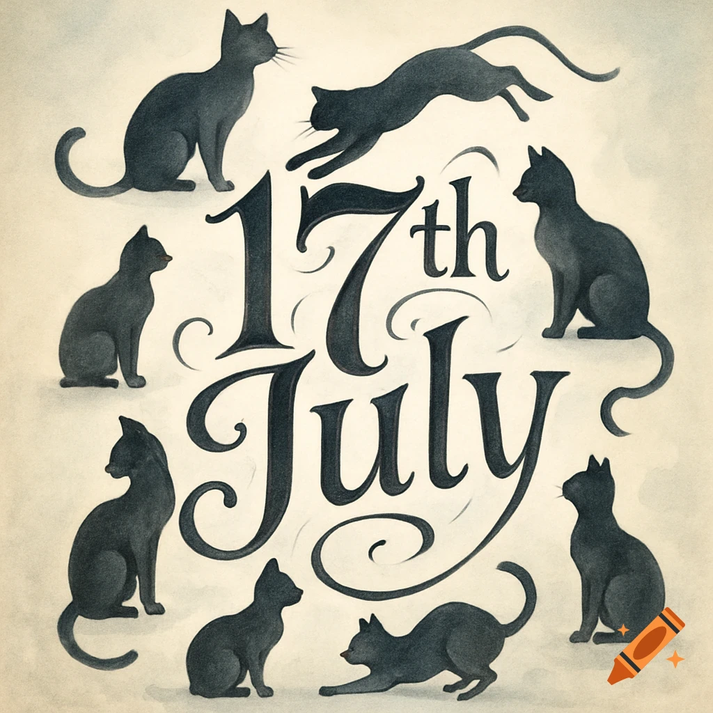 An illustration featuring "17th July" in decorative black script, surrounded by various black cat silhouettes in different poses on a light background.