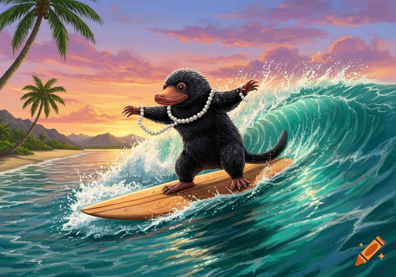 A black Niffler wearing pearl necklaces surfs on a wooden board in a turquoise wave at sunset on a tropical beach with palm trees and mountains.