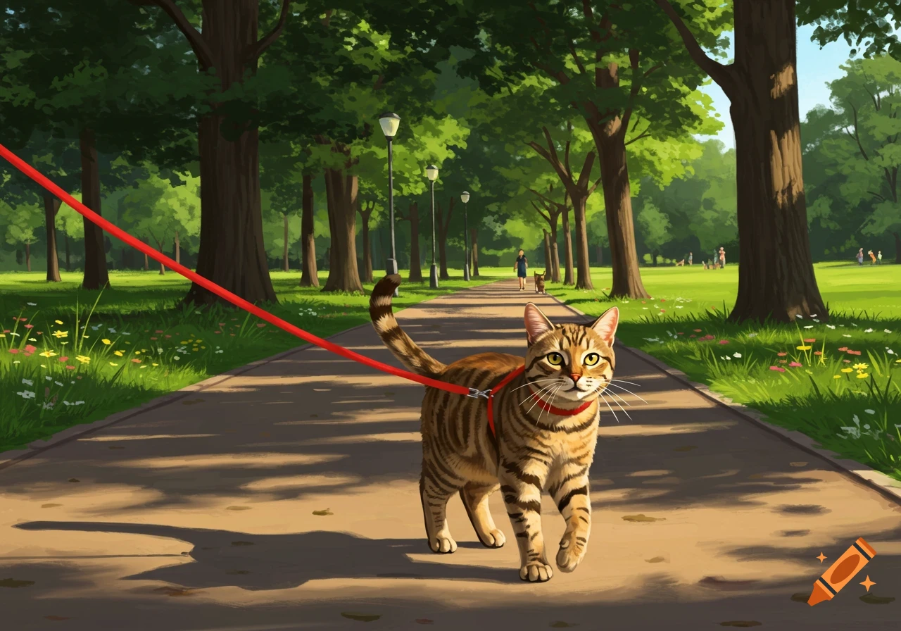 A tabby cat on a red leash walks on a sunny park path lined with trees and grass, with people in the background.