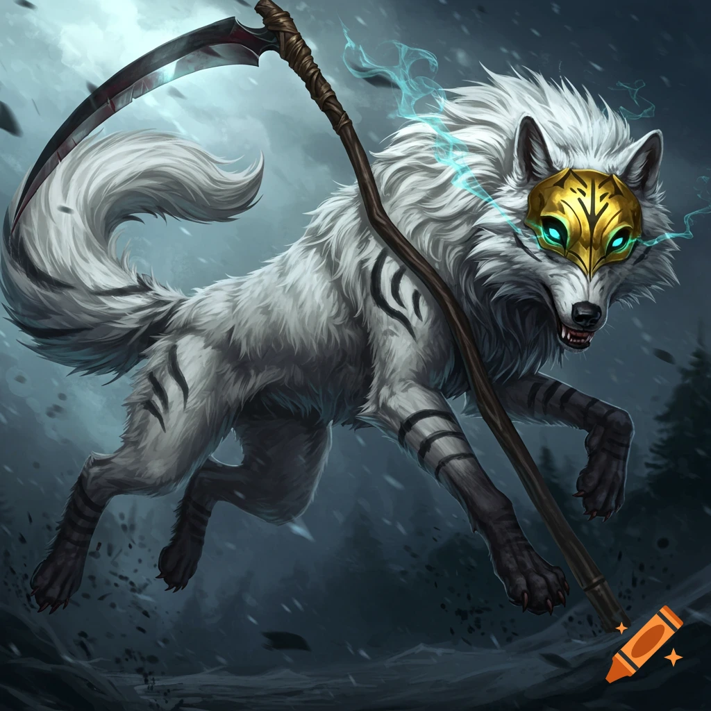 A white wolf with black stripes, a golden mask, and glowing blue-green eyes jumps, holding a scythe in its mouth.