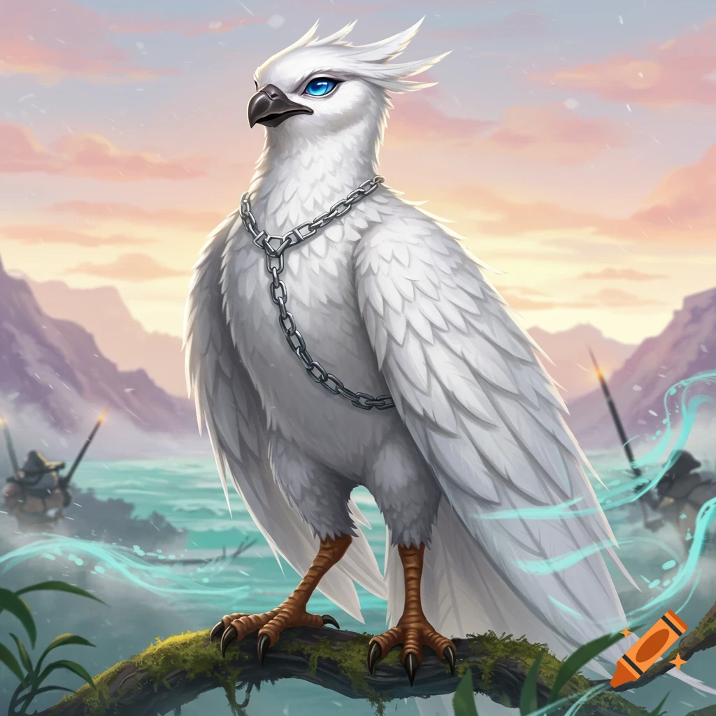 A majestic white bird with blue eyes and a chain around its neck perches on a branch, overlooking a stylized fantasy landscape with water and mountains at sunset.