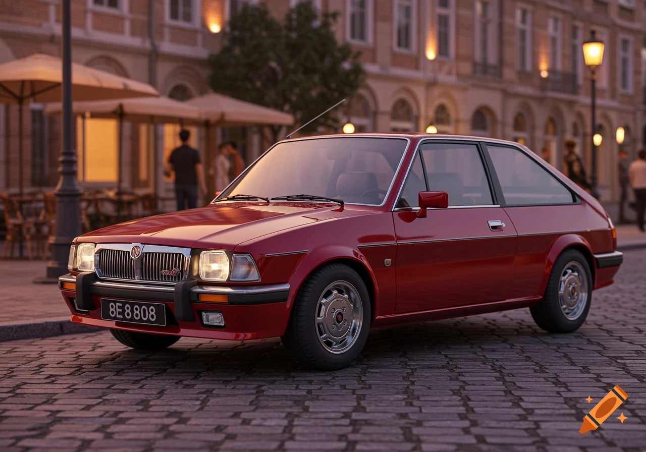 A red vintage MG Maestro car is parked on a cobblestone street in a city, with buildings and blurred people in the background.