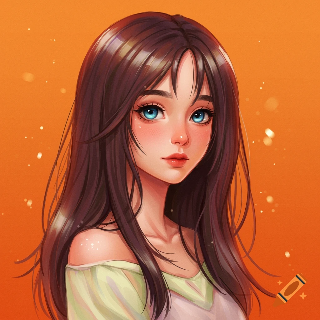 Anime portrait of a brunette girl with blue eyes on an orange background.