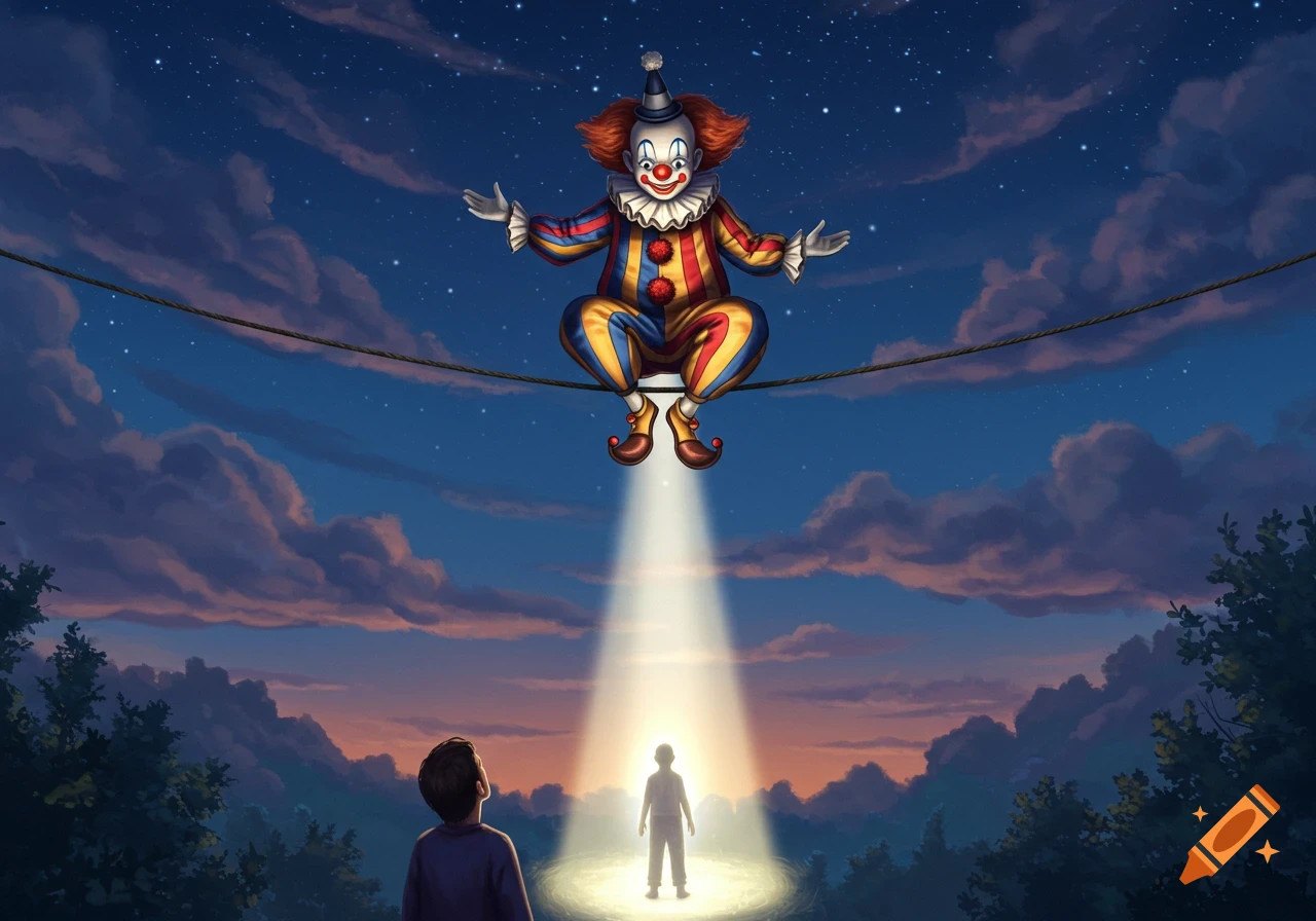 An illustration of a colorful clown on a tightrope under a starry night, shining a spotlight on a glowing child as another child watches.