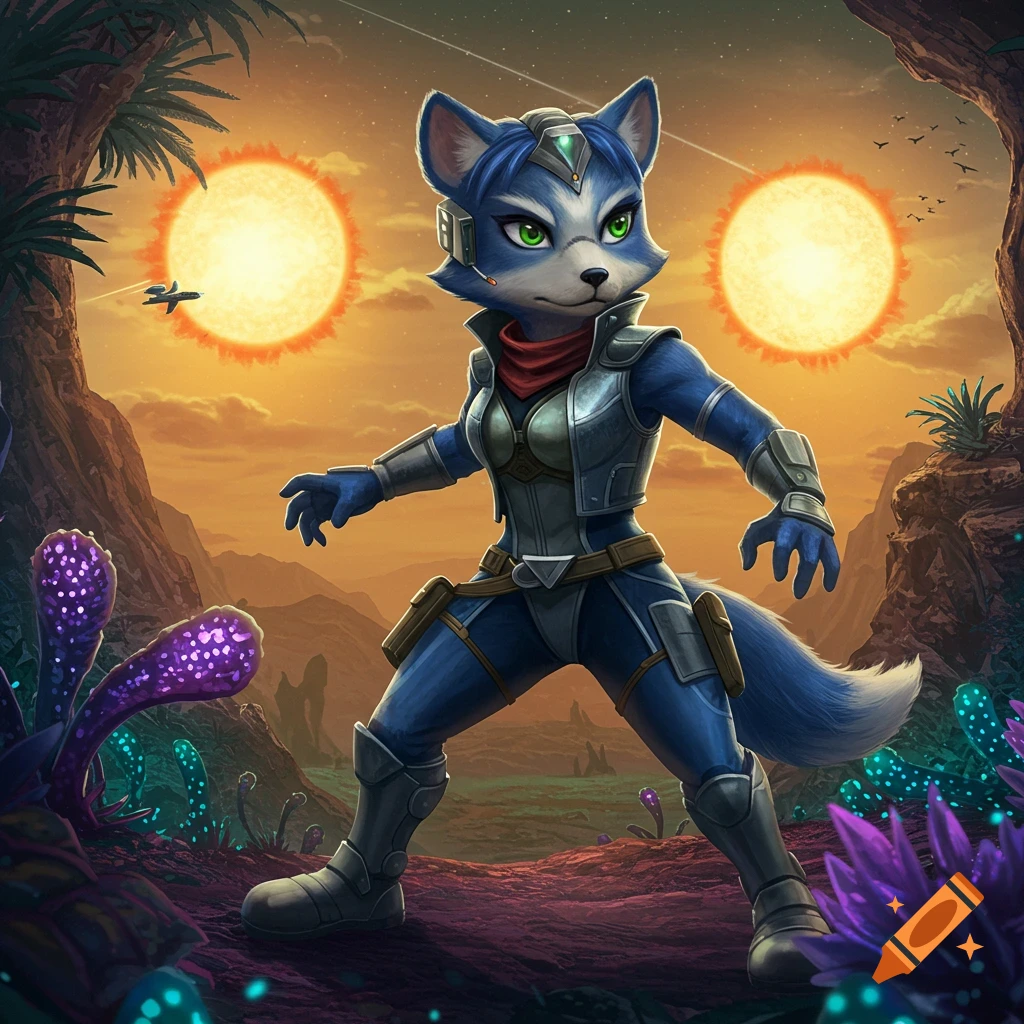 A blue anthropomorphic fox character in futuristic armor stands on an alien planet with two suns.