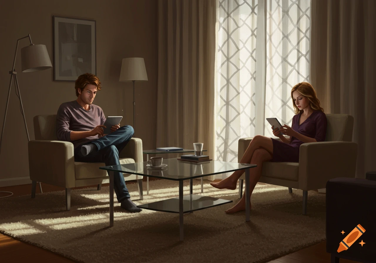 A man and a woman sit in armchairs in a dimly lit living room, looking at their tablets, with sunlight streaming through sheer curtains.