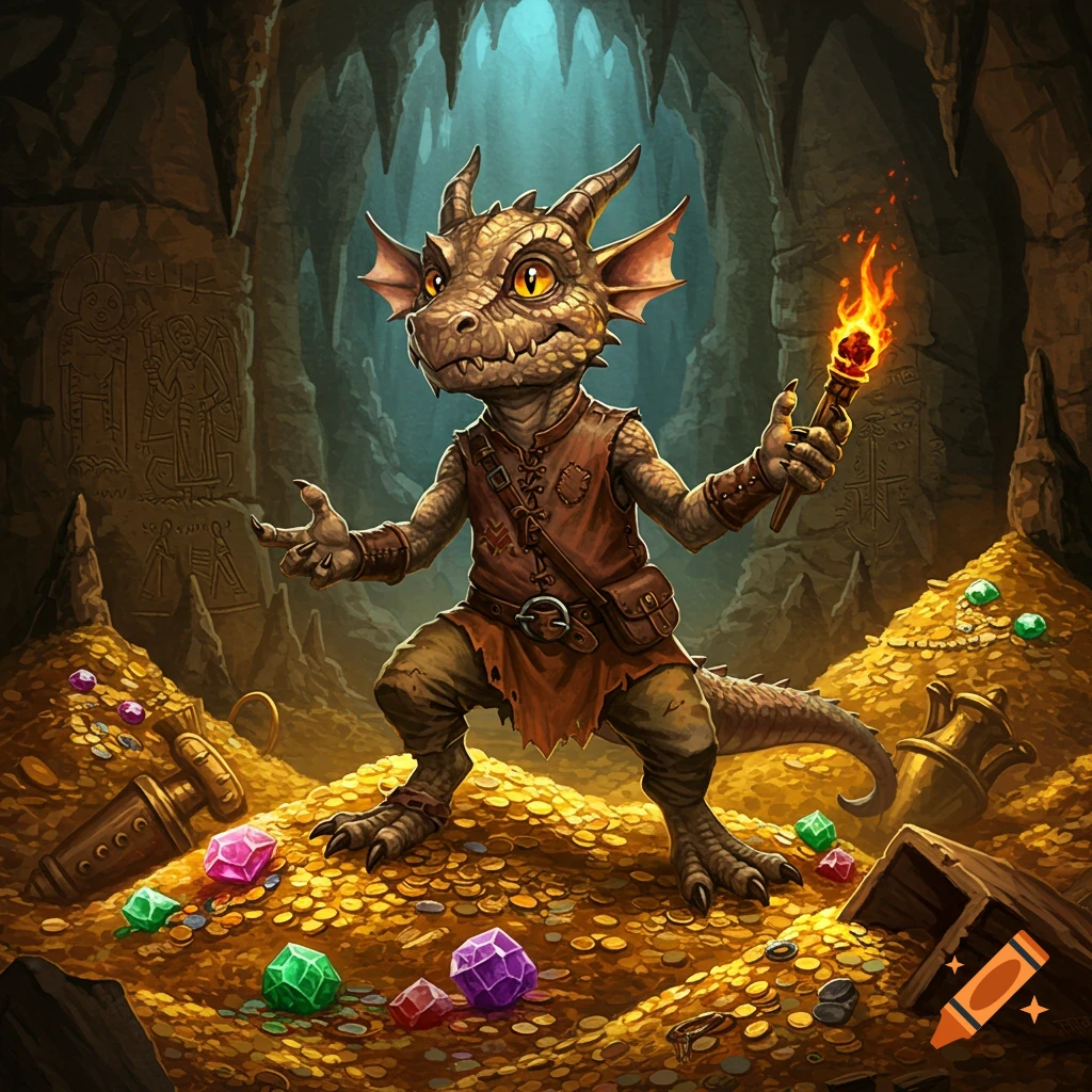 A small, scaly kobold creature holds a lit torch while standing on a huge pile of gold coins and gems in a dark, cavernous setting. Digital art.