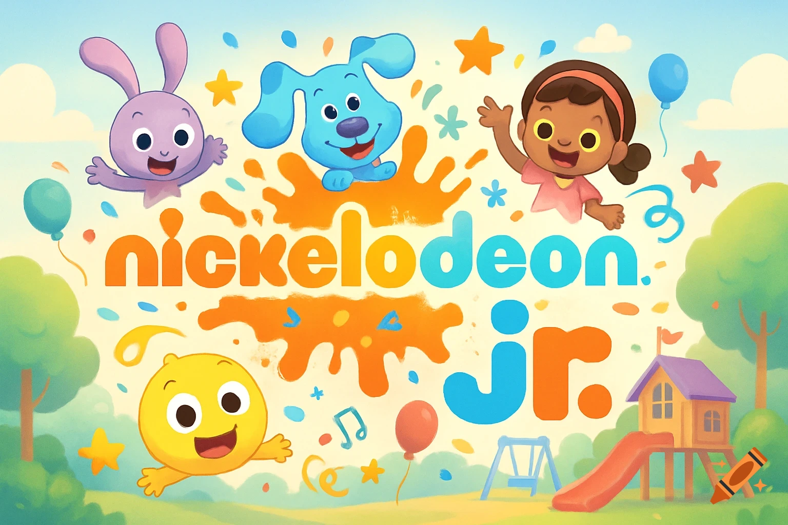 Colorful cartoon characters including a purple bunny, blue dog, girl, and yellow blob with the Nickelodeon Jr. logo, balloons, and playground equipment.