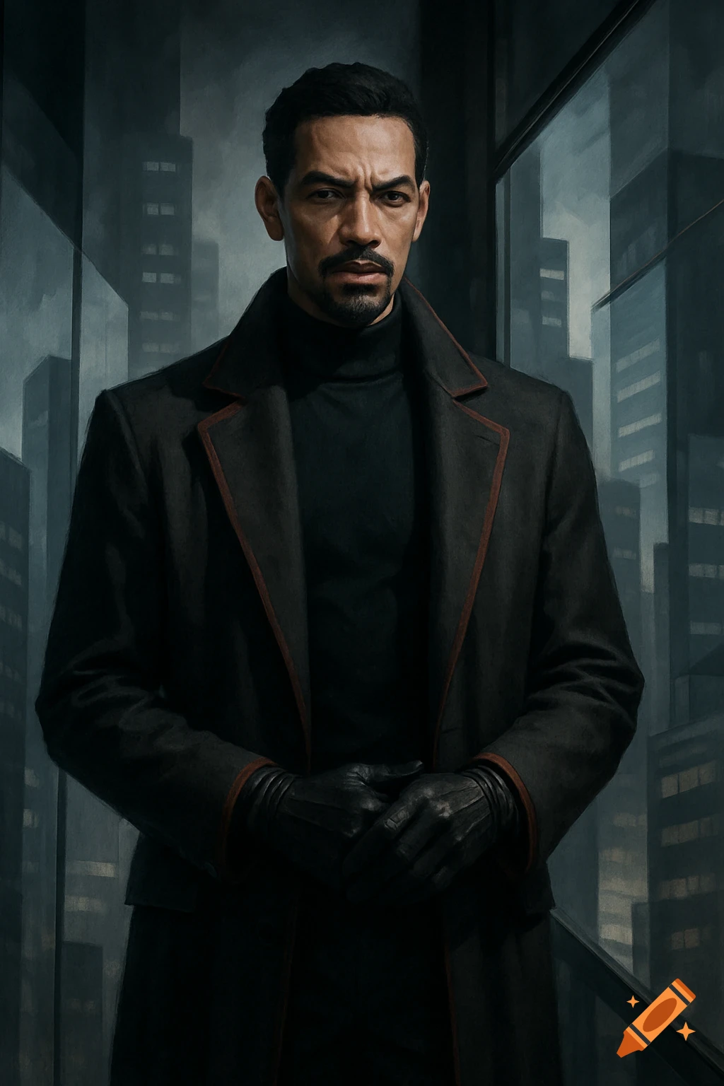 A serious man with a goatee, wearing a black turtleneck, dark coat, and black gloves, stands in an urban setting. Realistic painting.