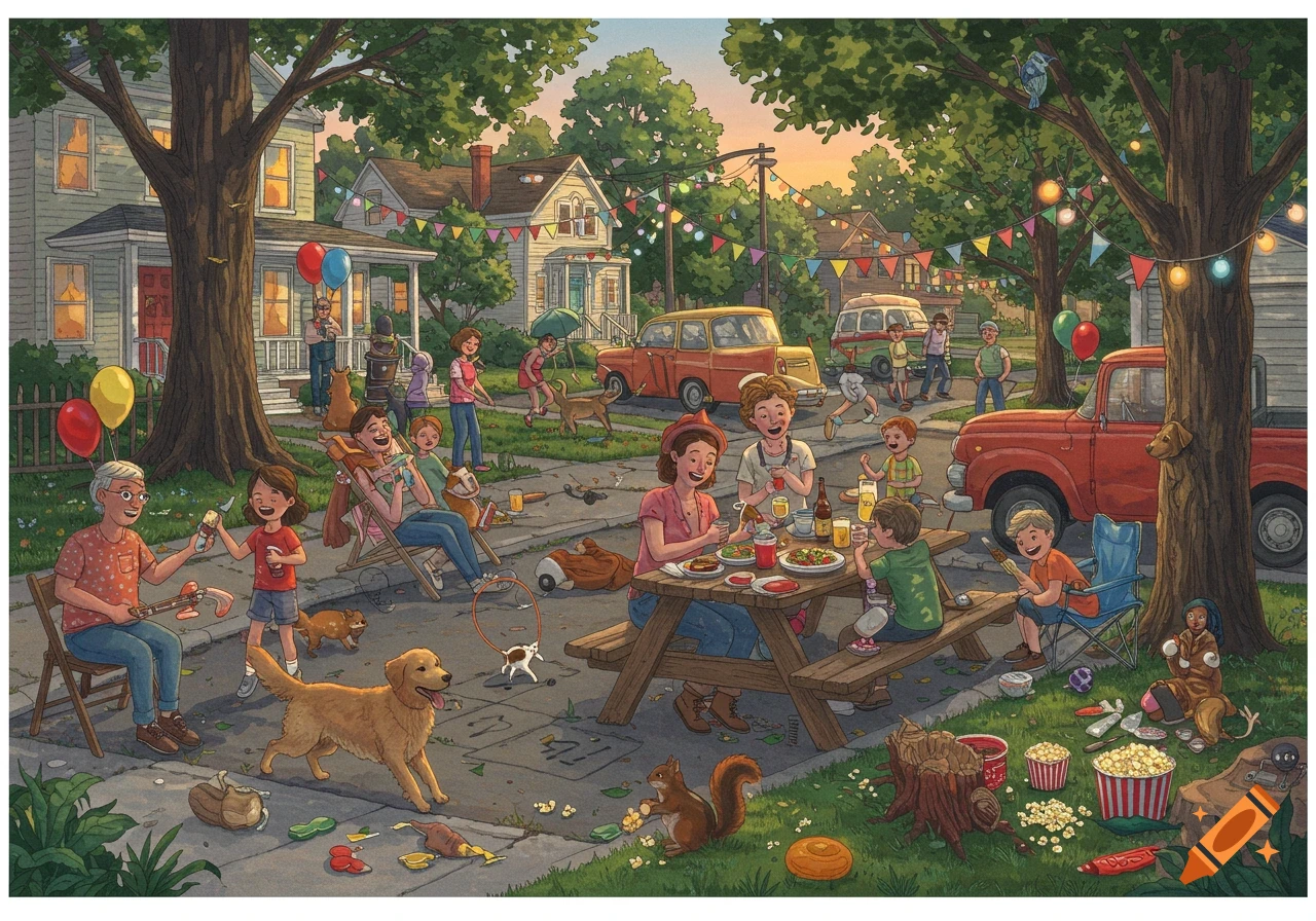 Vibrant detailed illustration of a summer neighborhood block party with people, pets, and decorations on a residential street at golden hour.