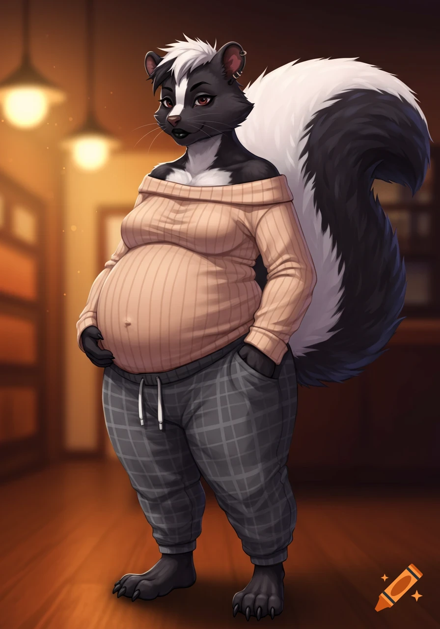 An anthropomorphic pregnant skunk character wearing an off-shoulder sweater and plaid sweatpants in an anime style.